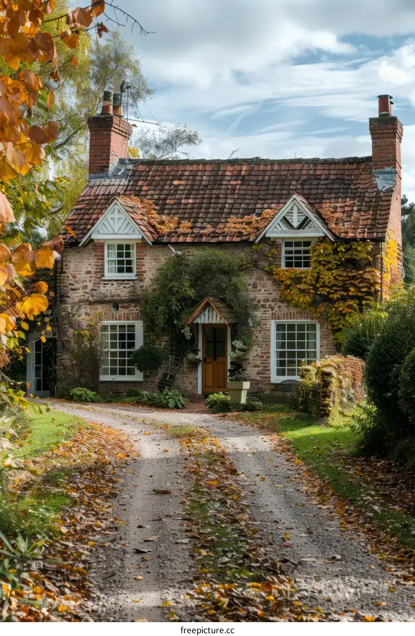 Quaint English Country Cottage Nestled in Vibrant Autumn Foliage