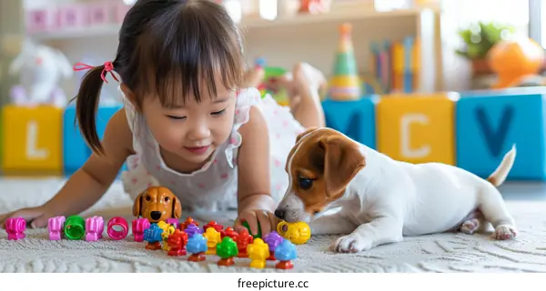 Asian toddler girl playing with a puppy on the floor
