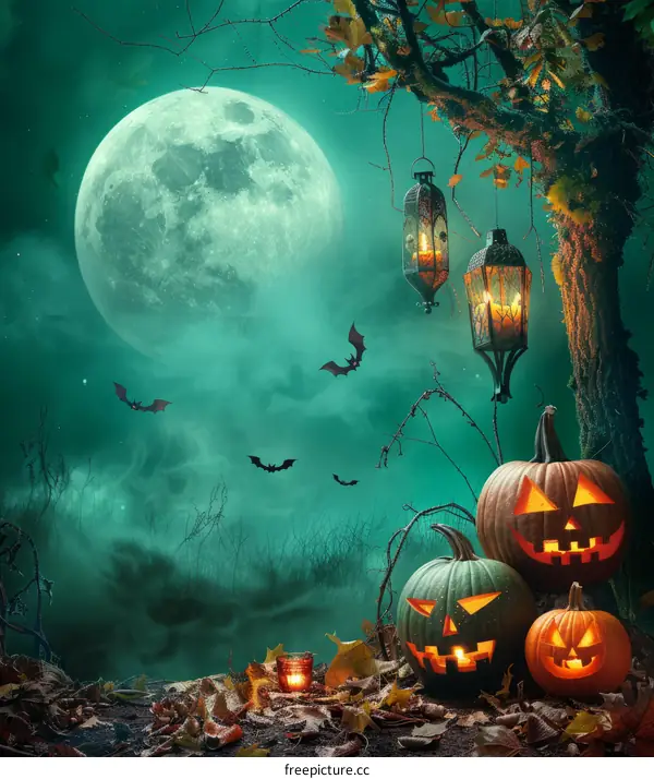 Spooky Halloween night featuring pumpkins and bats