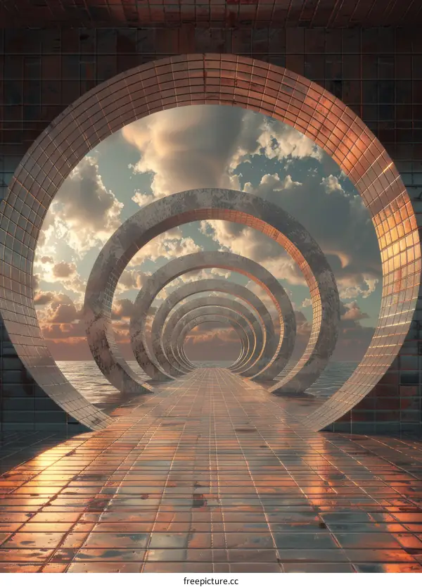 Futuristic tunnel with a circular portal to the sky