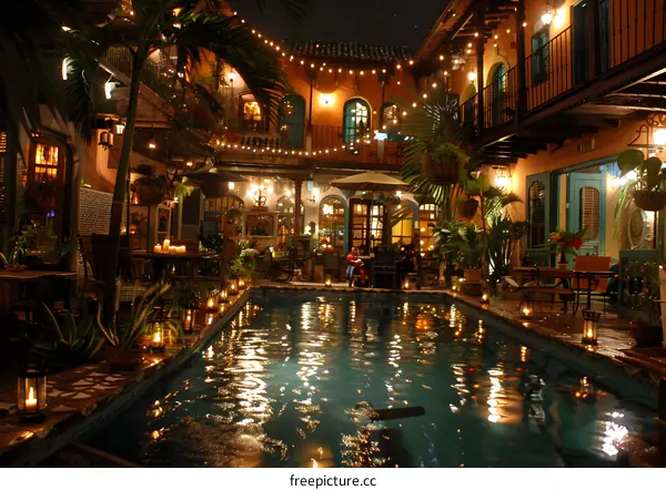 Night view of a beautiful courtyard with a pool
