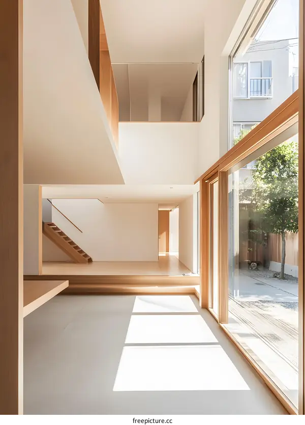 Modern Minimalist Home Interior Design with Wooden Stairs and Large Windows