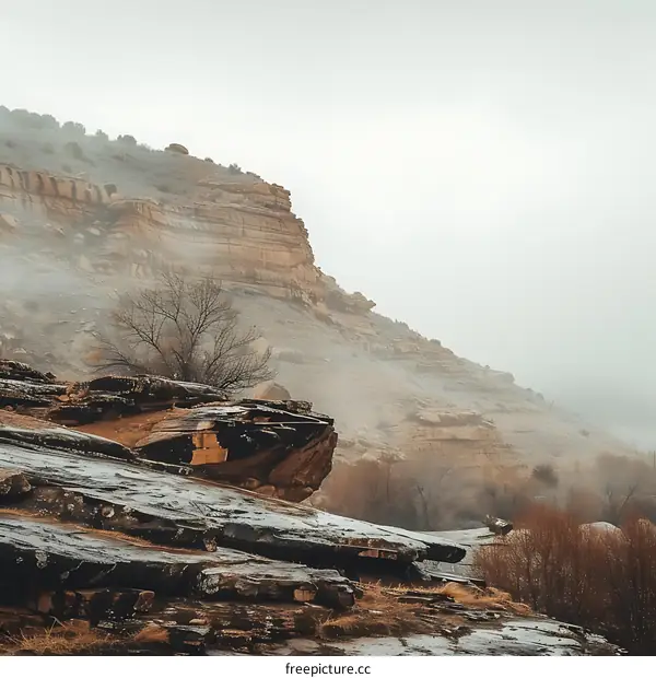 Foggy Mountain Landscape with Rock Formations