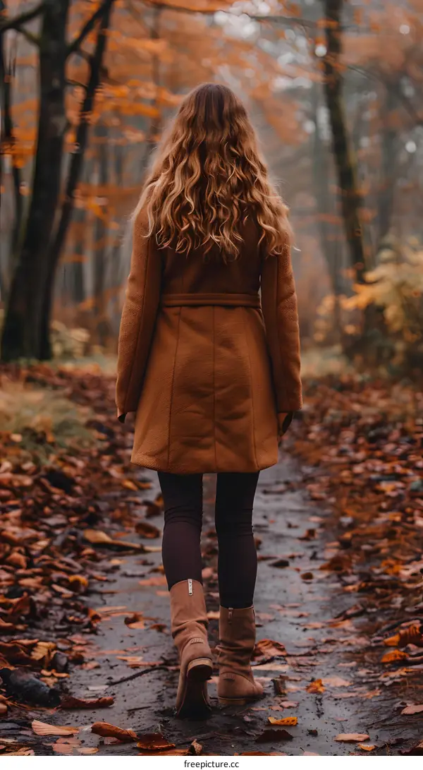 Woman Walking in Autumn Forest with Brown Coat