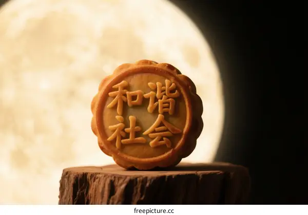Mooncake with Chinese characters 'Harmonious Society' against full moon