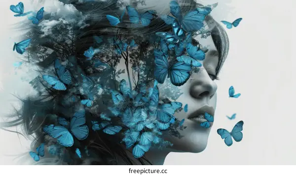 Blue butterflies and girl face