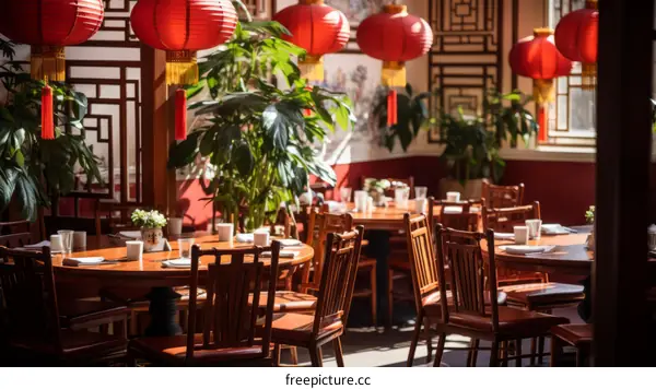 Ornate Traditional Chinese Restaurant Interior With Red Lanterns
