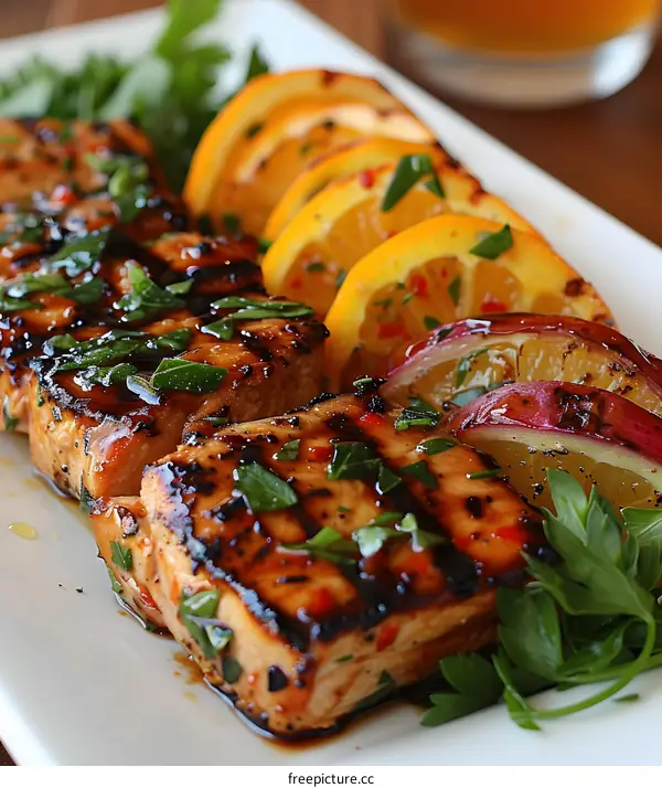 Grilled salmon with orange slices