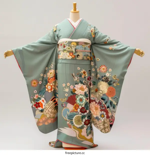 A woman wearing a green kimono with floral patterns