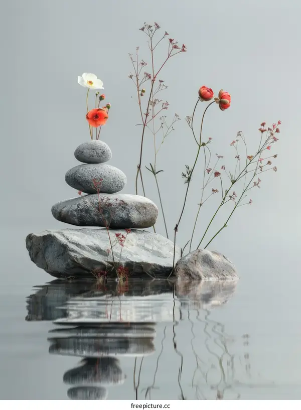 stones and flowers composition on water surface with reflection