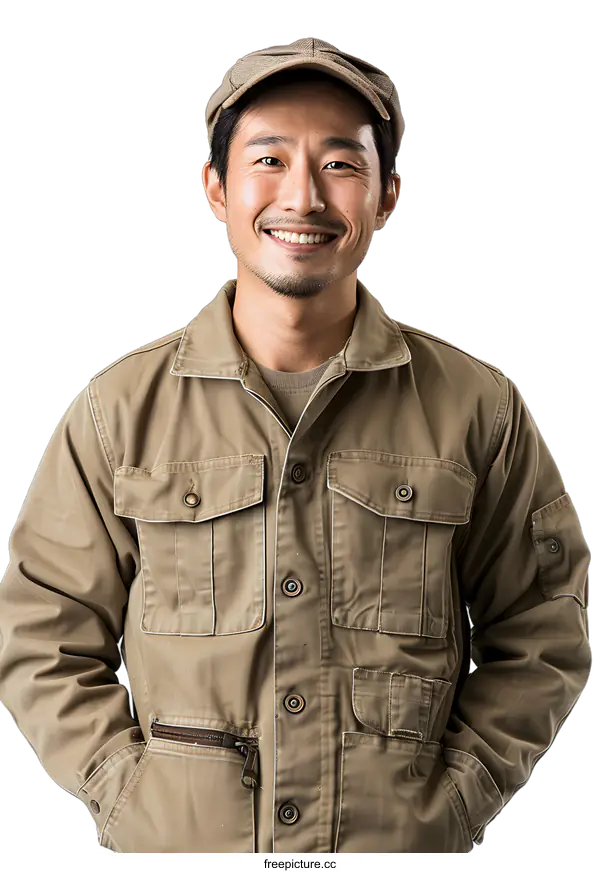 [Transparent Background PNG]Smiling Asian Man in Brown Jacket