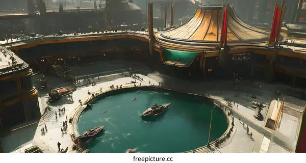 Futuristic Cityscape with Round Water Feature