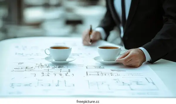 Businessman Working on Blueprint with Coffee
