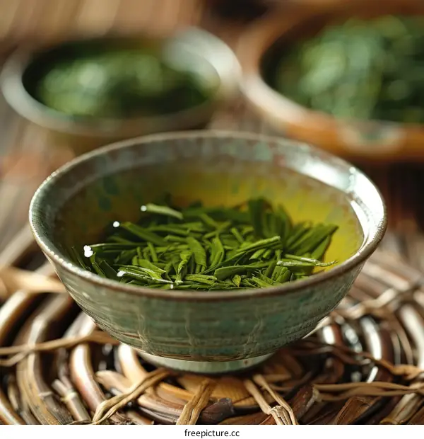 Green tea leaves in a bowl