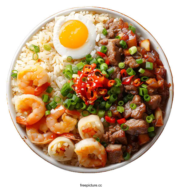 [Transparent Background PNG]Delicious Shrimp and Beef Rice Bowl with Fried Egg