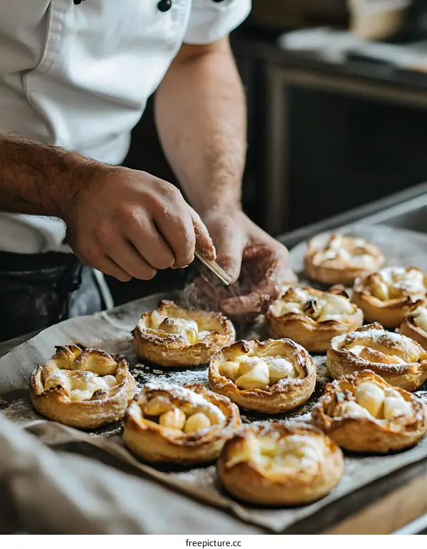Close Up of Bakers Hands Adding Powdered Sugar to Freshly Baked Pastry