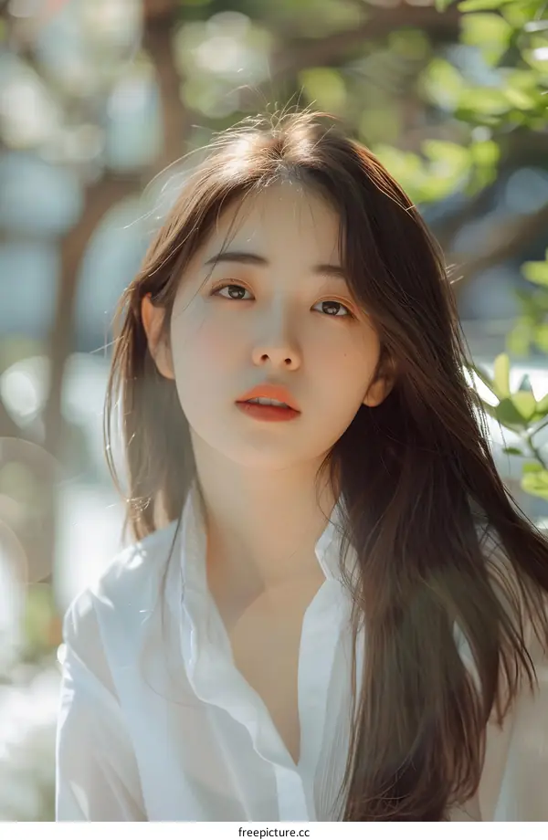 Young Asian Woman in White Shirt Looking Away