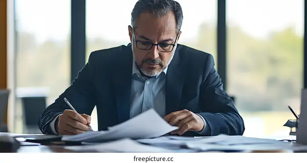 Businessman Working At Desk With Papers