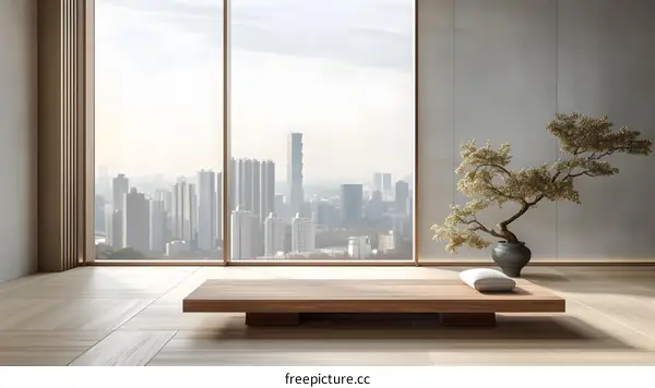 Minimalist Japanese Style Interior Design With Bonsai Tree And City View