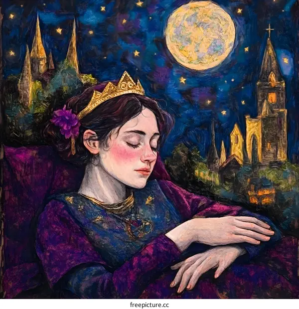 Sleeping Beauty in a Magical Castle Under a Full Moon