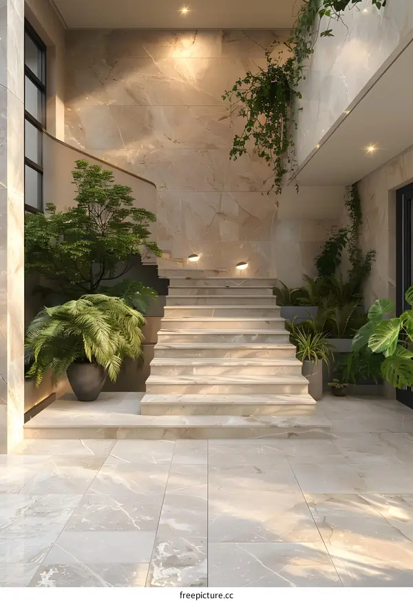 Modern Interior Design with Stone Stairs and Plants