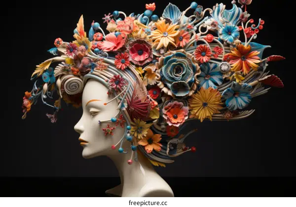 A woman's head with a colorful floral headdress