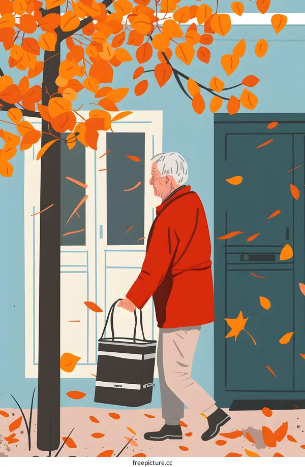 Autumn Leaves Falling with Man Walking in Red Coat