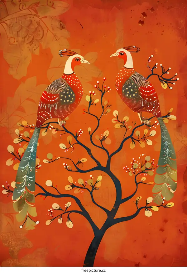 Two Colorful Birds Perched on a Branch in a Grunge Style