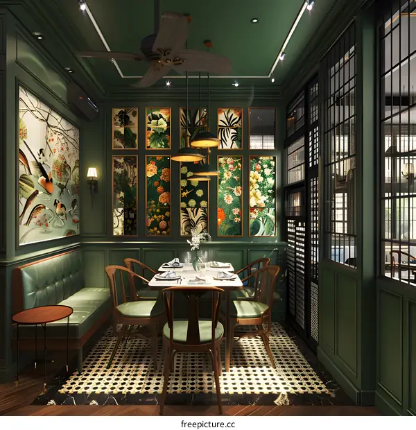 Green Interior Design with Floral Wall Decor