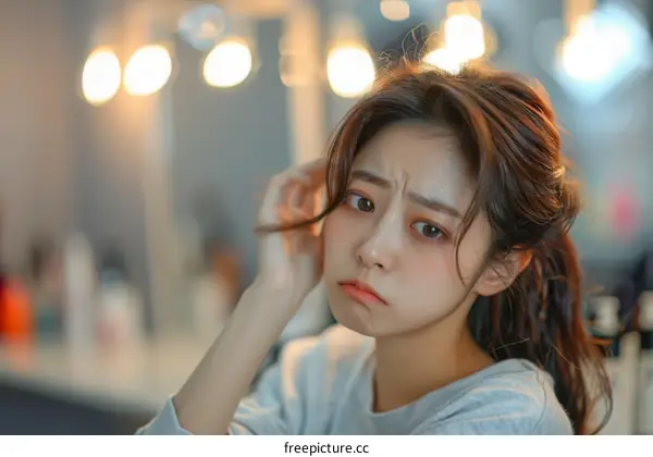 A young woman is looking at the camera with a puzzled expression on her face