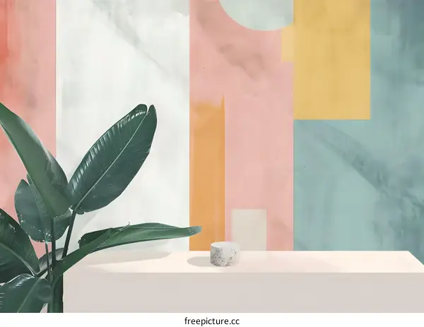 Minimalist Green Leaf Plant On White Shelf Against Pastel Colored Wall