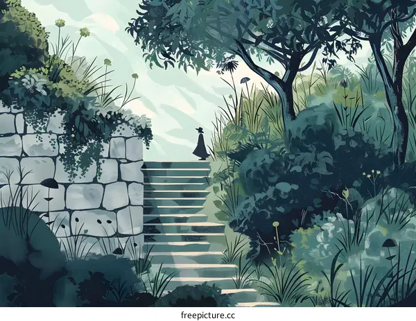 Woman in a Long Coat Standing on Stairs in a Forest