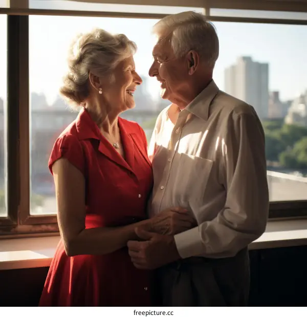An elderly couple is smiling and holding hands in front of a window.