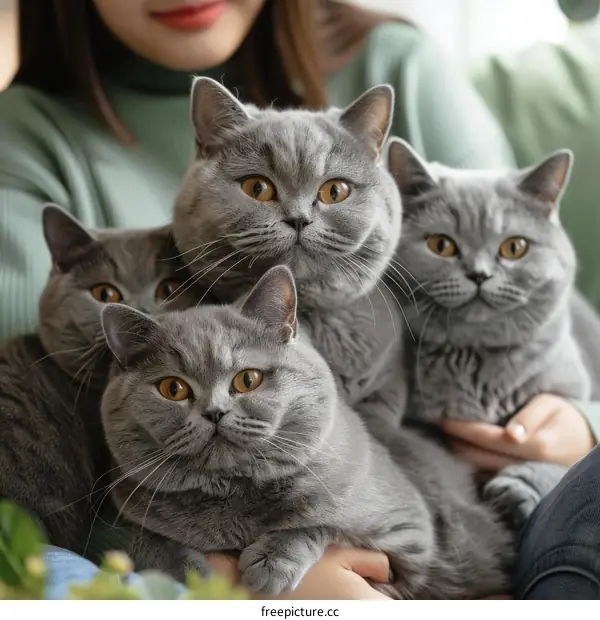 A woman is holding four British shorthair cats in her arms