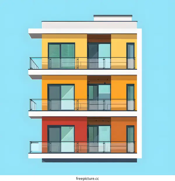 Modern Apartment Building Illustration With Colorful Walls And Balconies