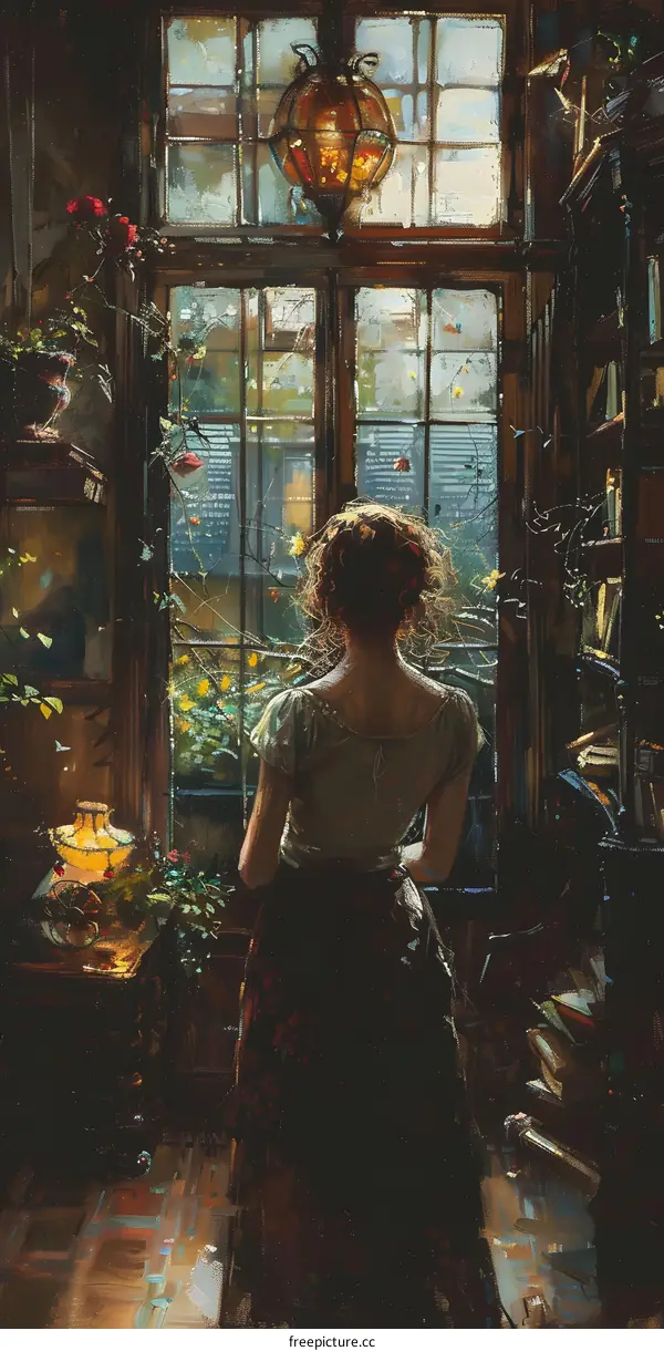 A woman standing in front of a window looking out at the rain