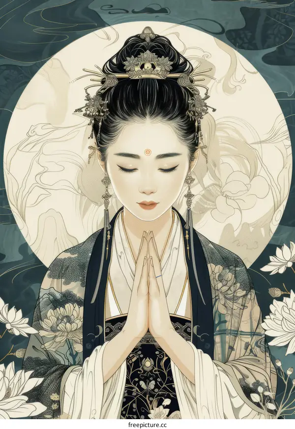 Chinese Woman Praying at Night with Moon