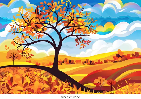 Colorful Autumn Landscape With Tree and Hills