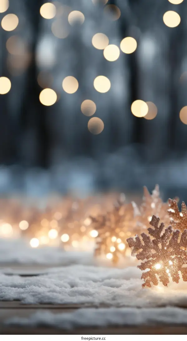 Close-up of a snowflake-shaped Christmas ornament laying on snow with blurred Christmas lights in the background
