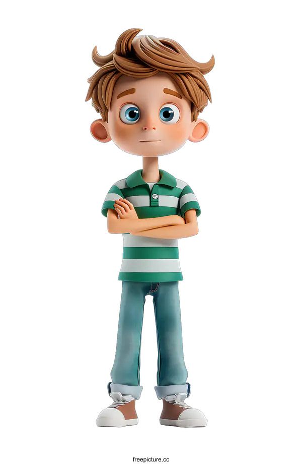 [Transparent Background PNG]3D rendering of a boy in a green and white striped shirt and blue jeans
