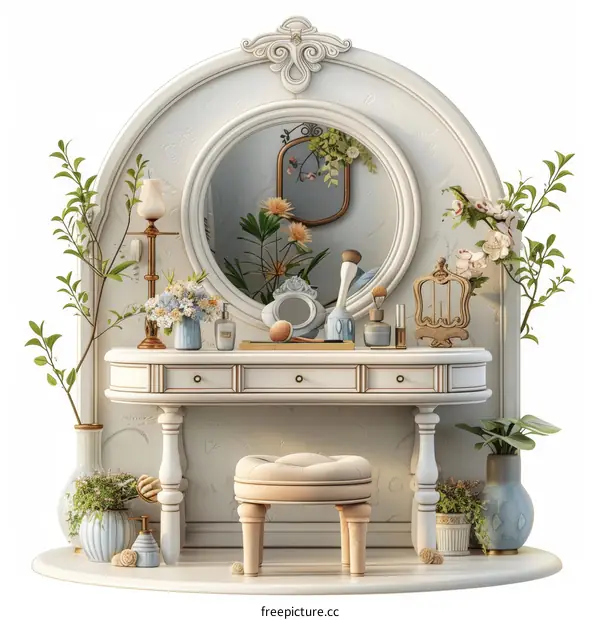Elegant White Dressing Table with Flowers and Accessories