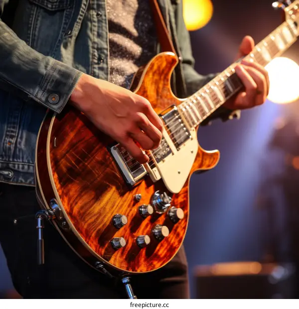 Close-up of an unrecognizable person playing the guitar on stage