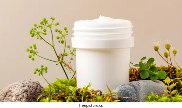 White Cream Jar With Green Plants and Rocks
