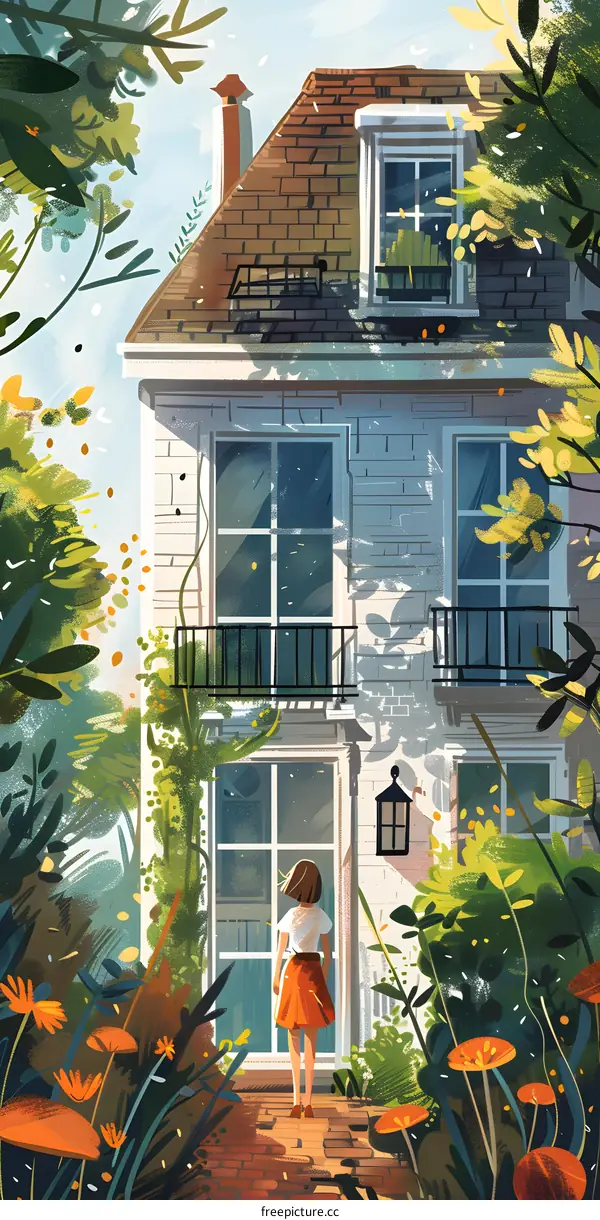 Woman Standing In Front Of A White House With Green Plants