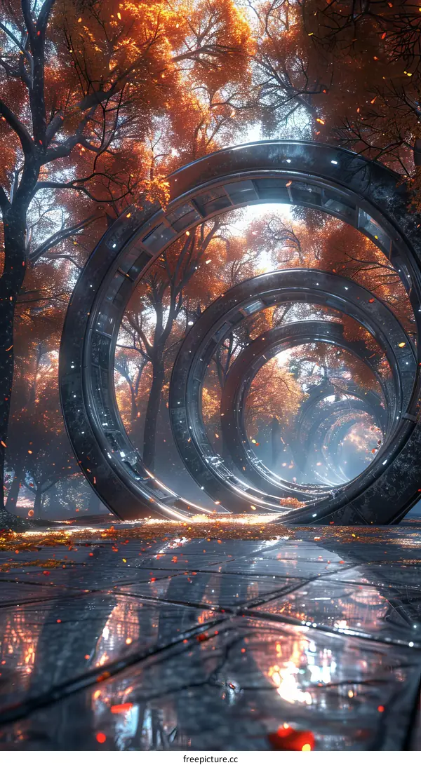 Futuristic Park with Metal Structures and Vibrant Autumn Foliage