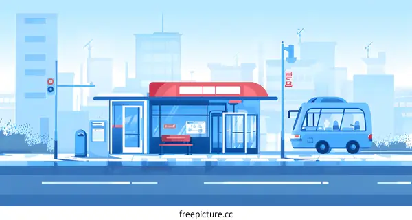 Blue Bus Stop Illustration in City