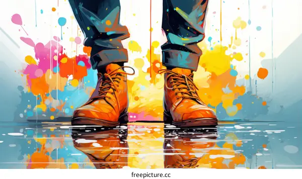 A person wearing brown boots standing in a puddle of water