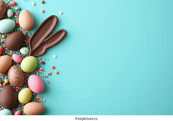 Colorful Easter Eggs and Chocolate Bunny Ears on Light Teal Background