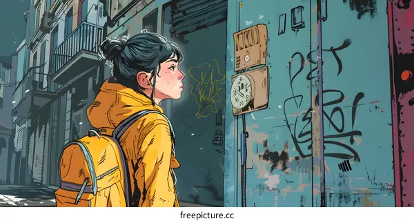 Girl in Yellow Jacket Walking Past Graffiti Wall