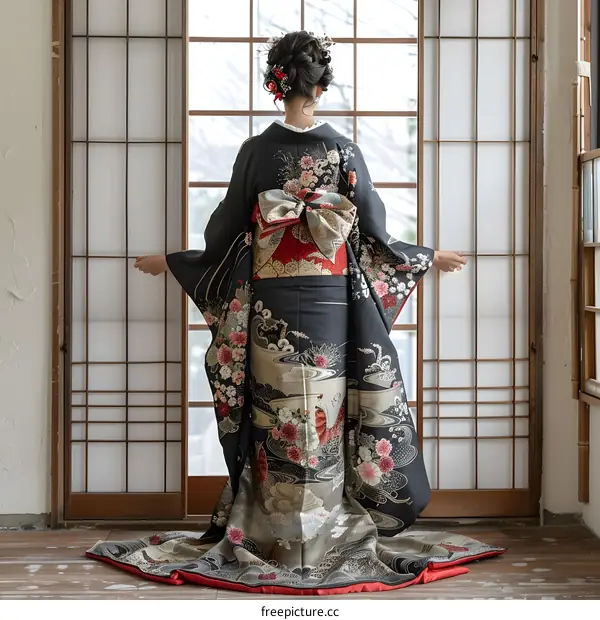 A woman wearing a kimono is standing in front of a traditional Japanese house.